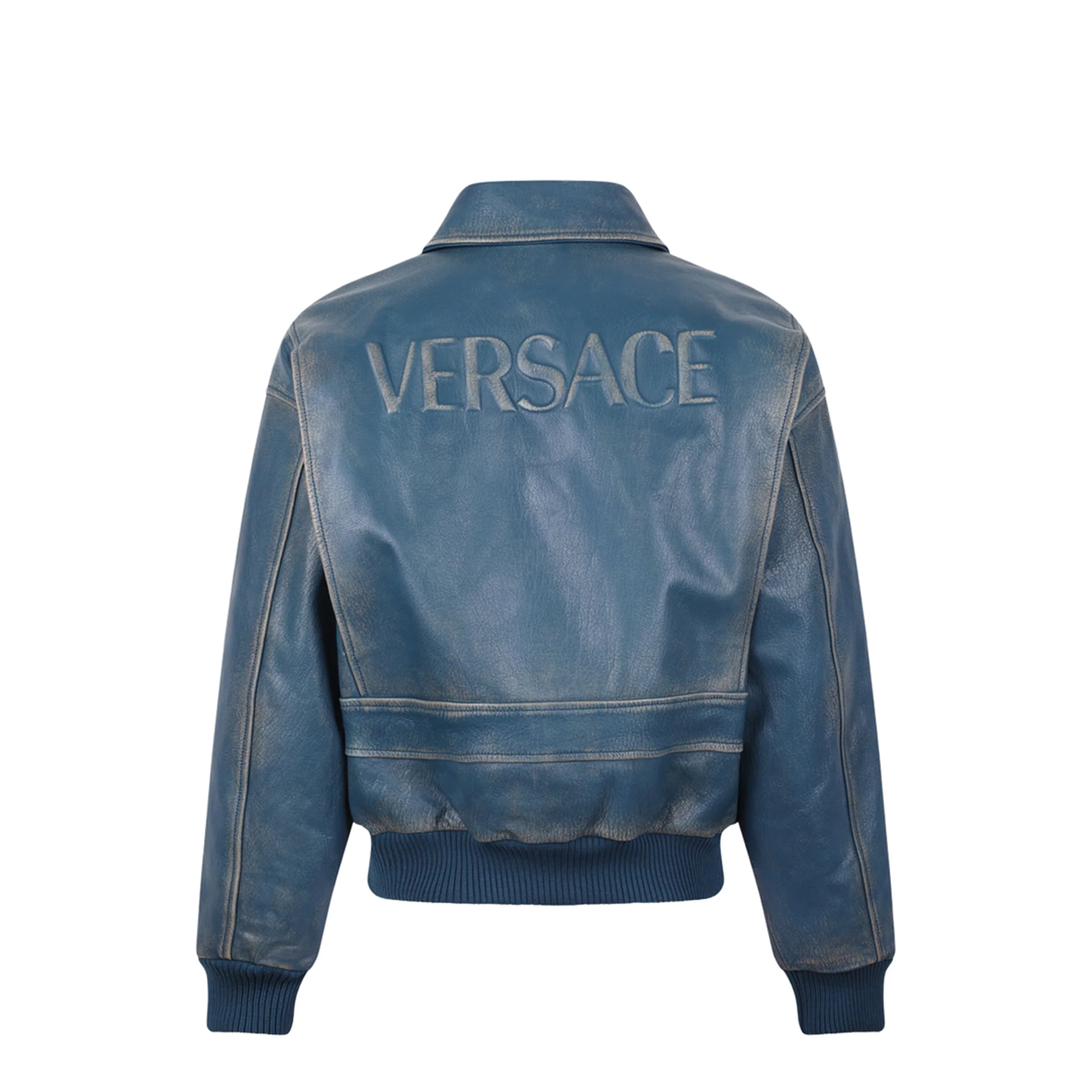 Pocket Zip Leather Jacket Blue - Image 4