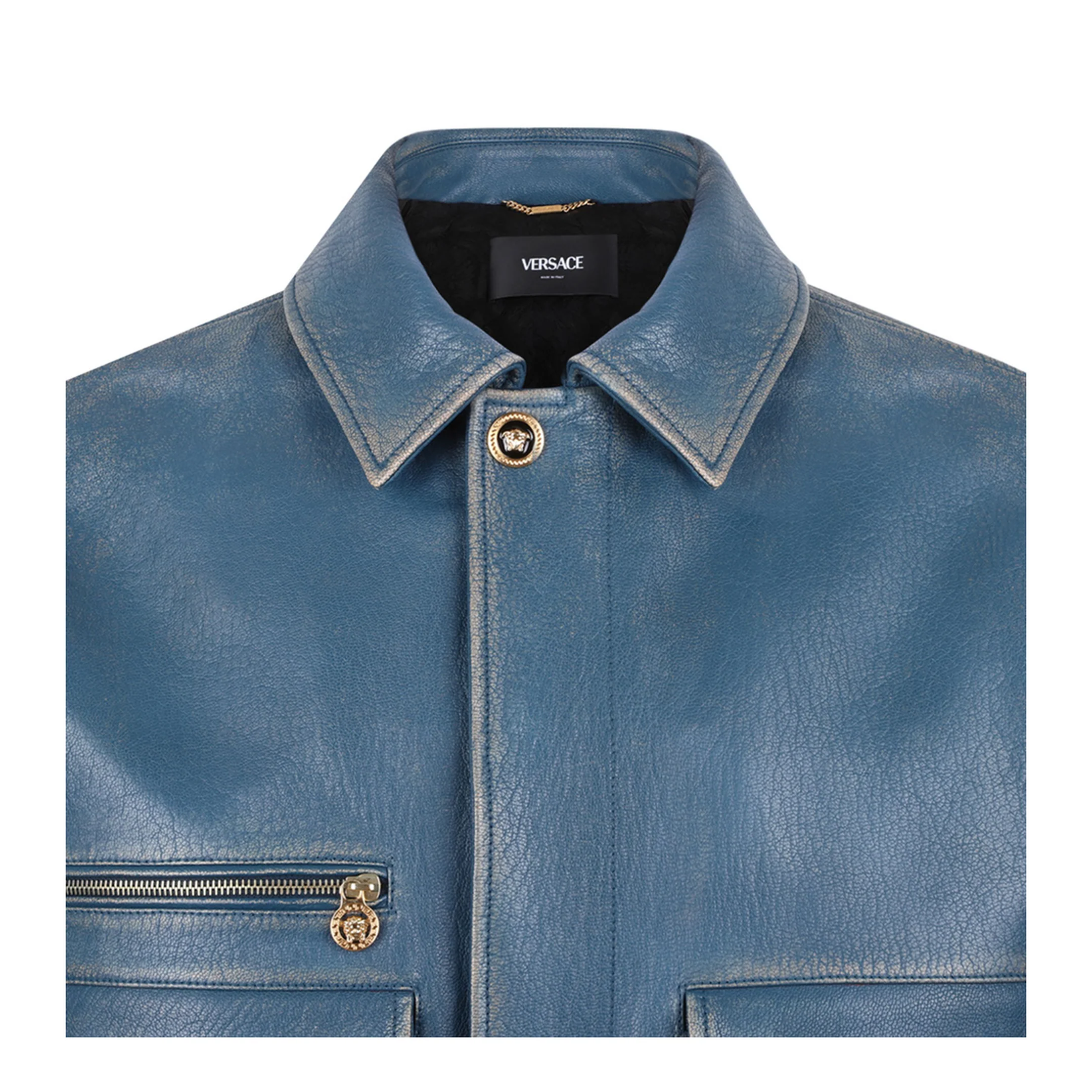 Pocket Zip Leather Jacket Blue - Image 5