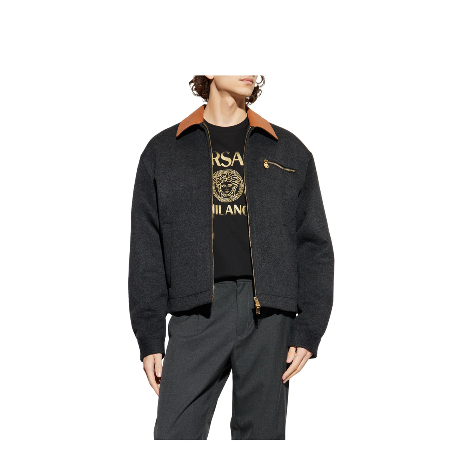 Grey Wool Jacket Lather Collar - Image 3