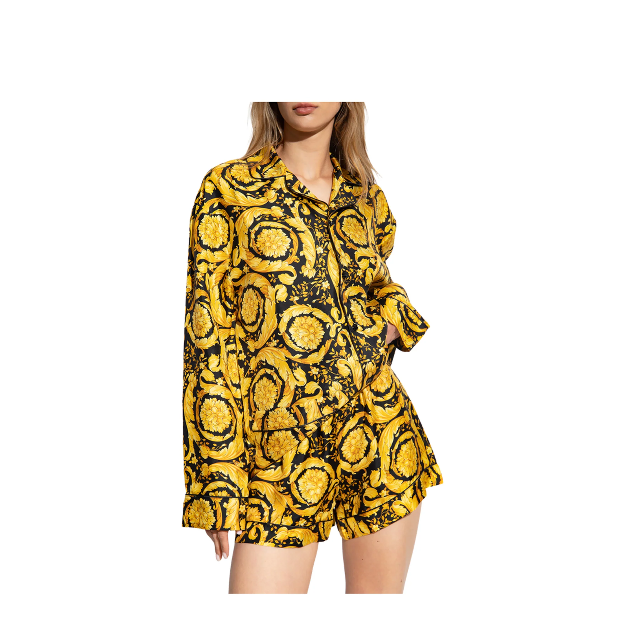 Silk Pyjama Top Baroque Print Vivid Yellow Black - Image 2