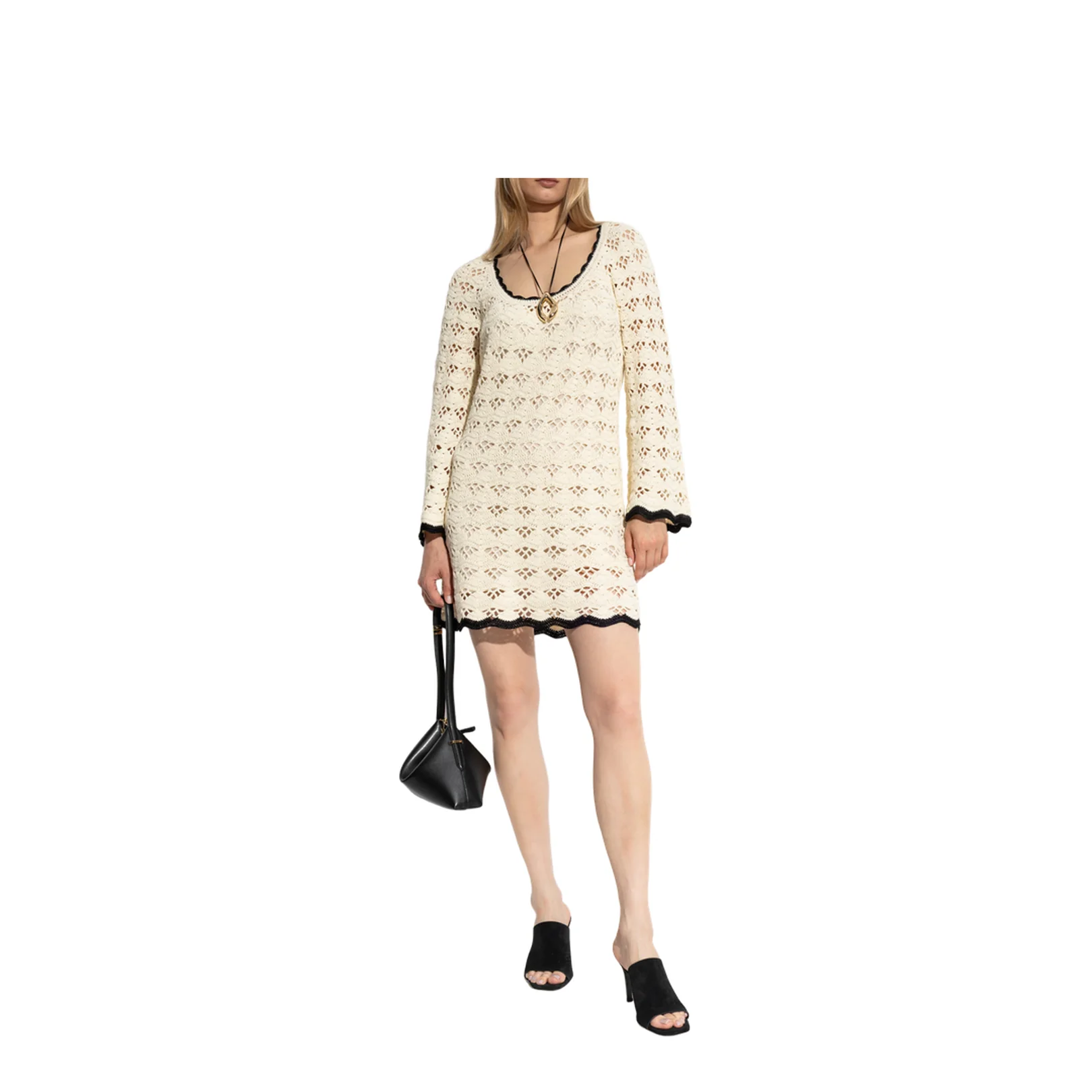 Dress with Round Neckline Cream Openwork Knit - Image 2