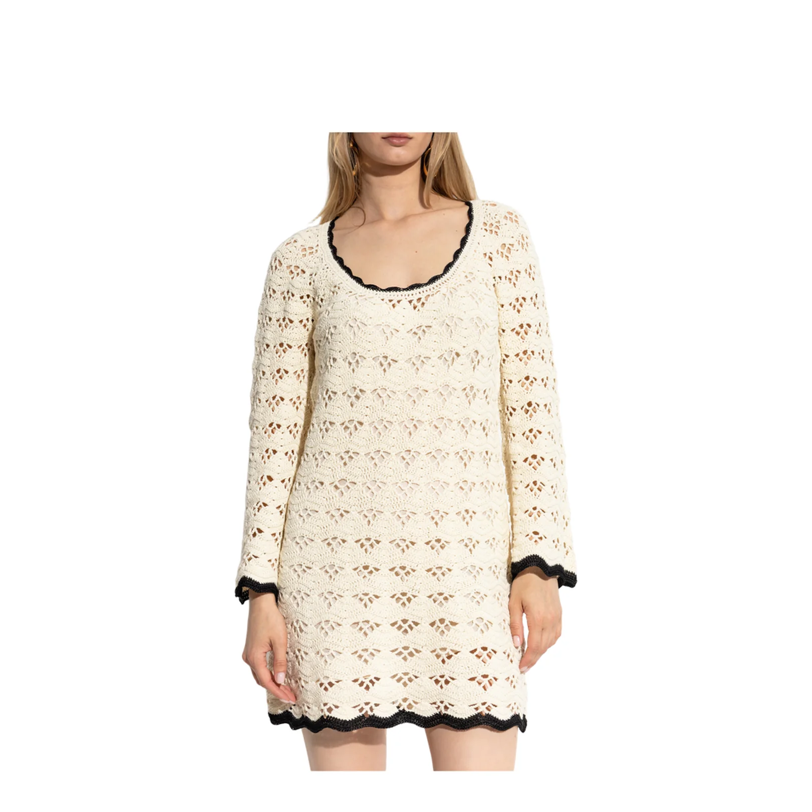 Dress with Round Neckline Cream Openwork Knit - Image 3