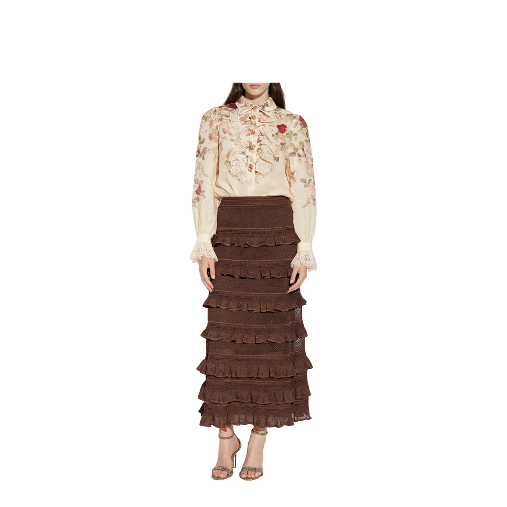 Hypnotic Lace Frill Metallic Knit Midi Skirt Brown - Image 2