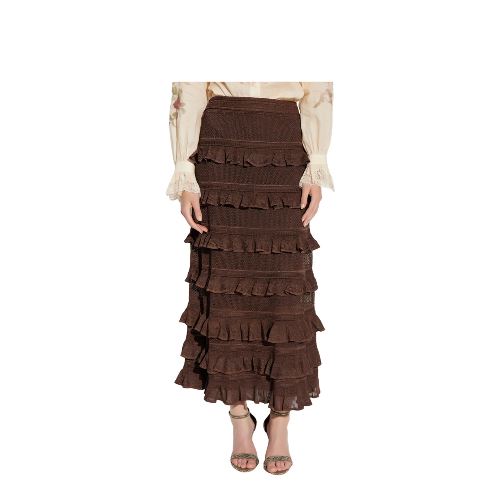 Hypnotic Lace Frill Metallic Knit Midi Skirt Brown - Image 3