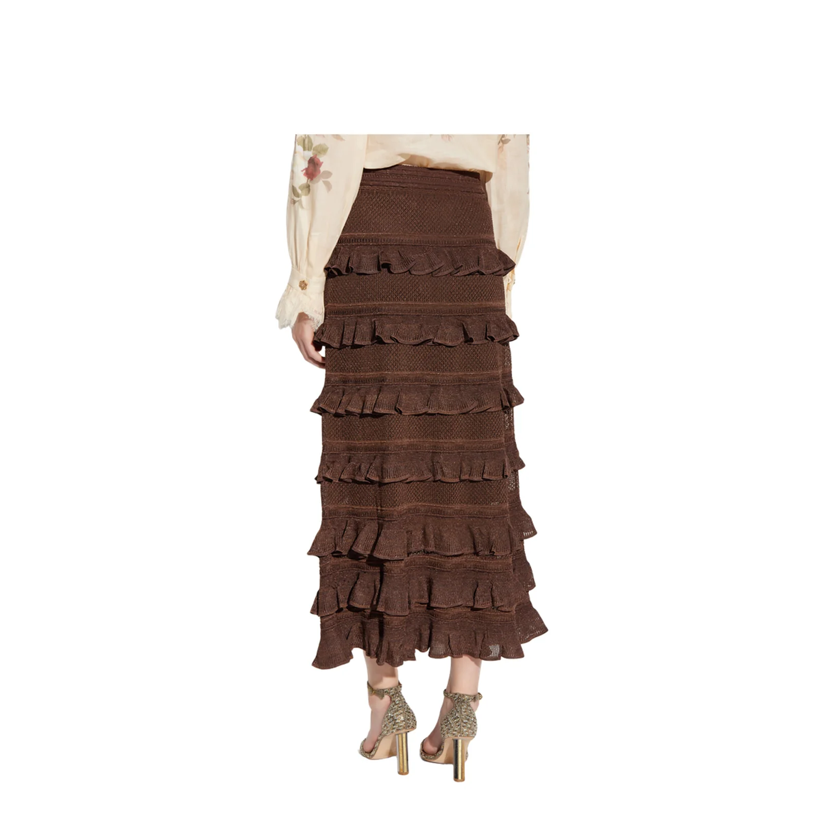 Hypnotic Lace Frill Metallic Knit Midi Skirt Brown - Image 4