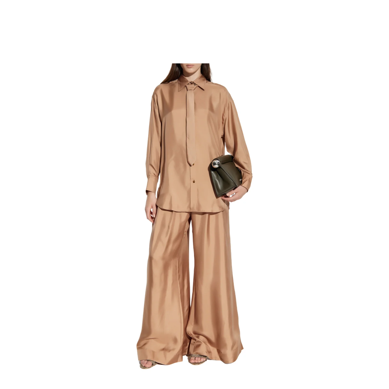 Silk Wide Leg Trousers Beige - Image 2