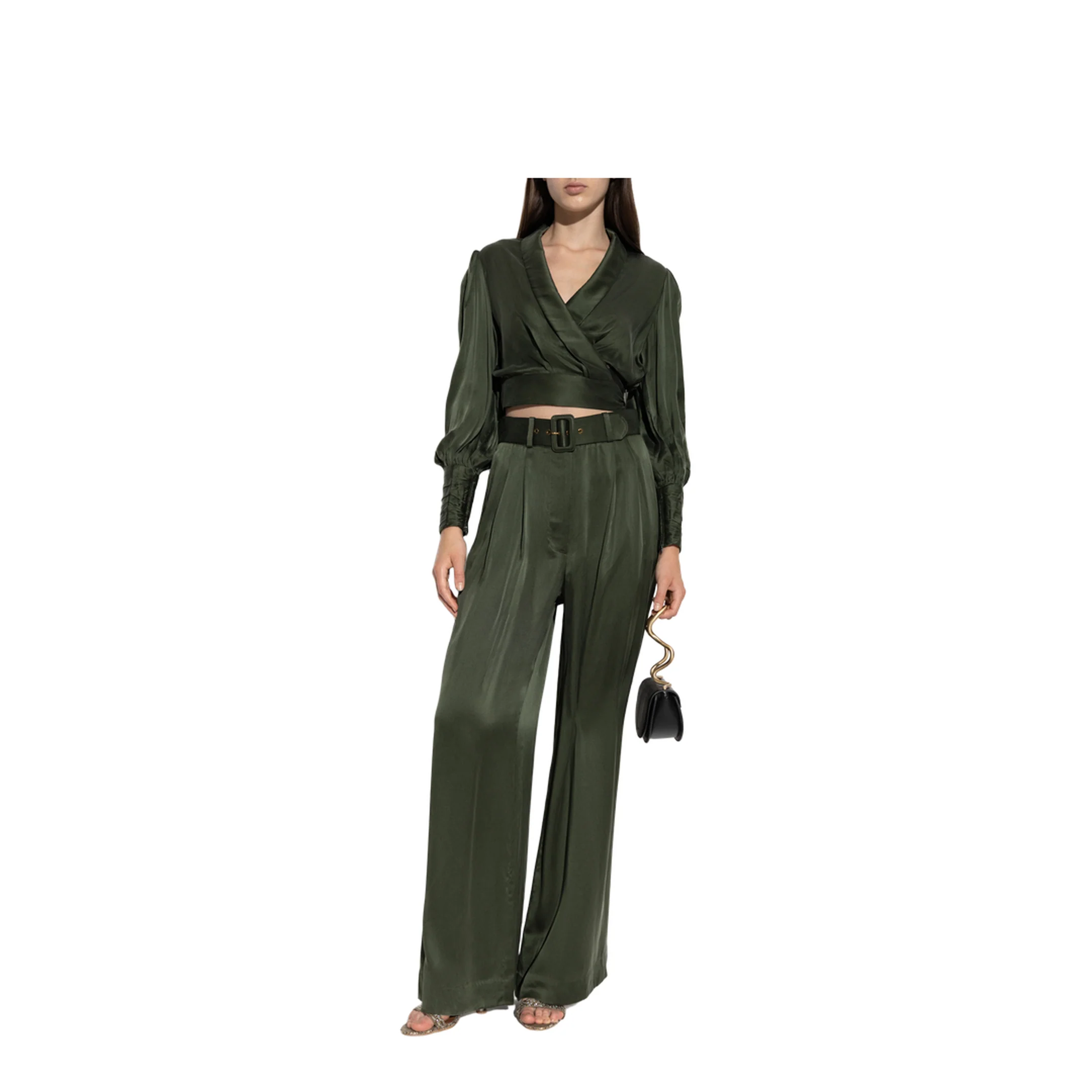 Silk Wide-Leg Trousers Green - Image 2