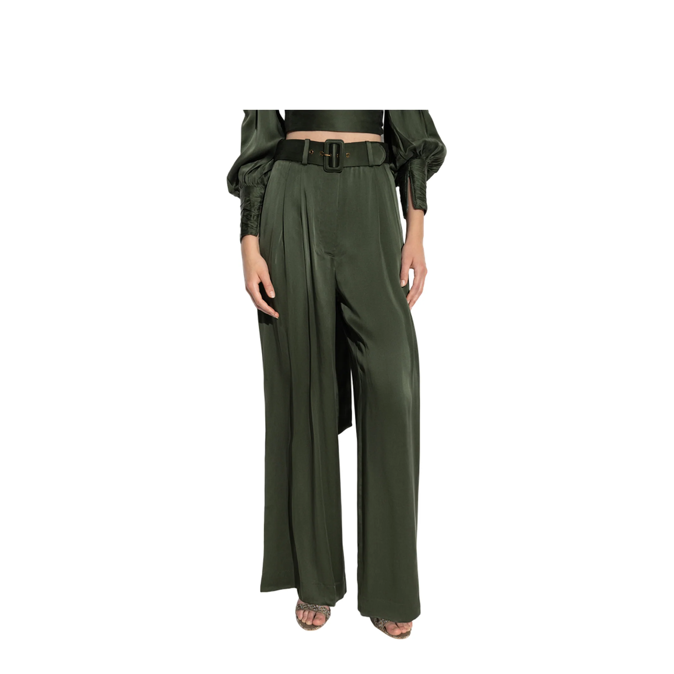 Silk Wide-Leg Trousers Green - Image 3