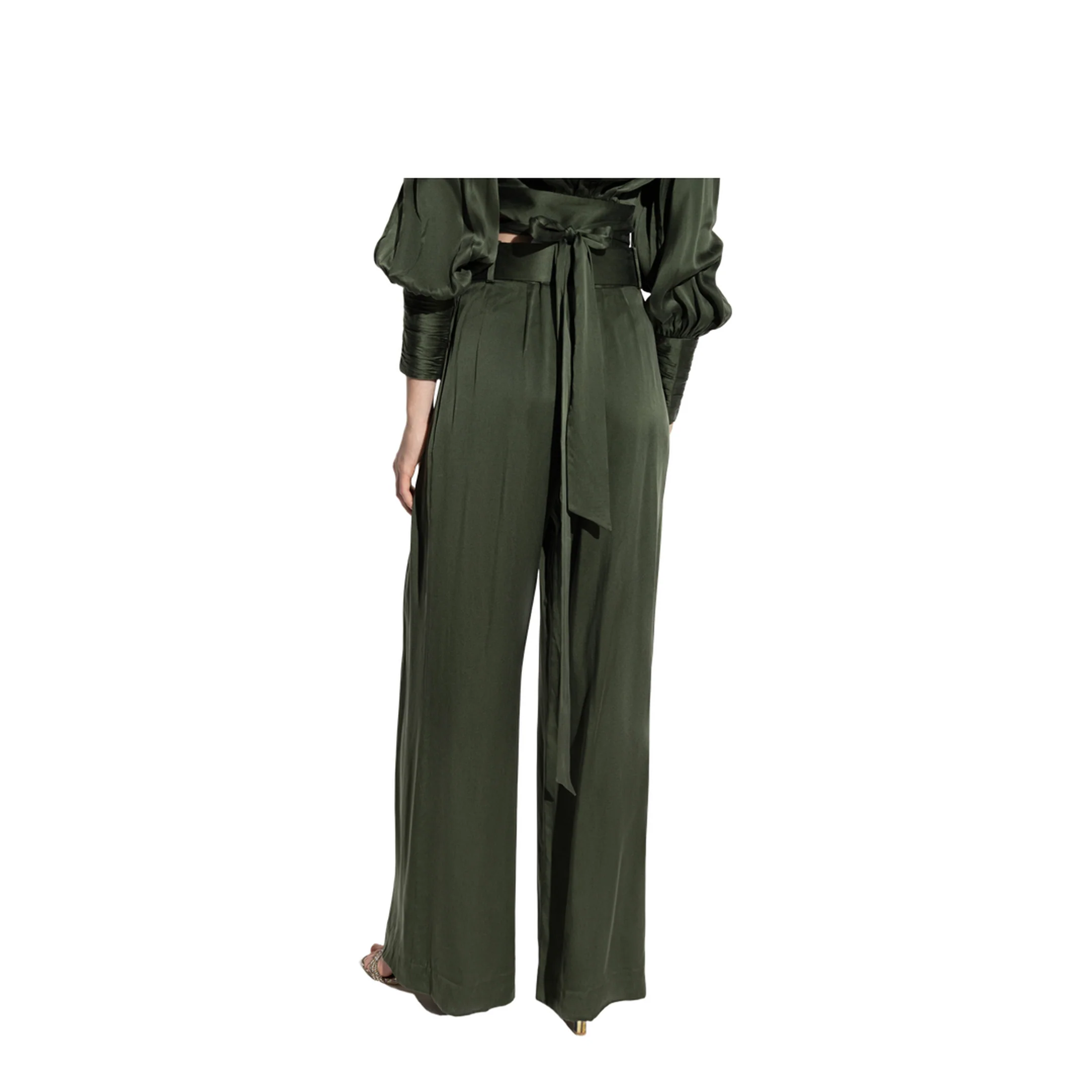 Silk Wide-Leg Trousers Green - Image 4