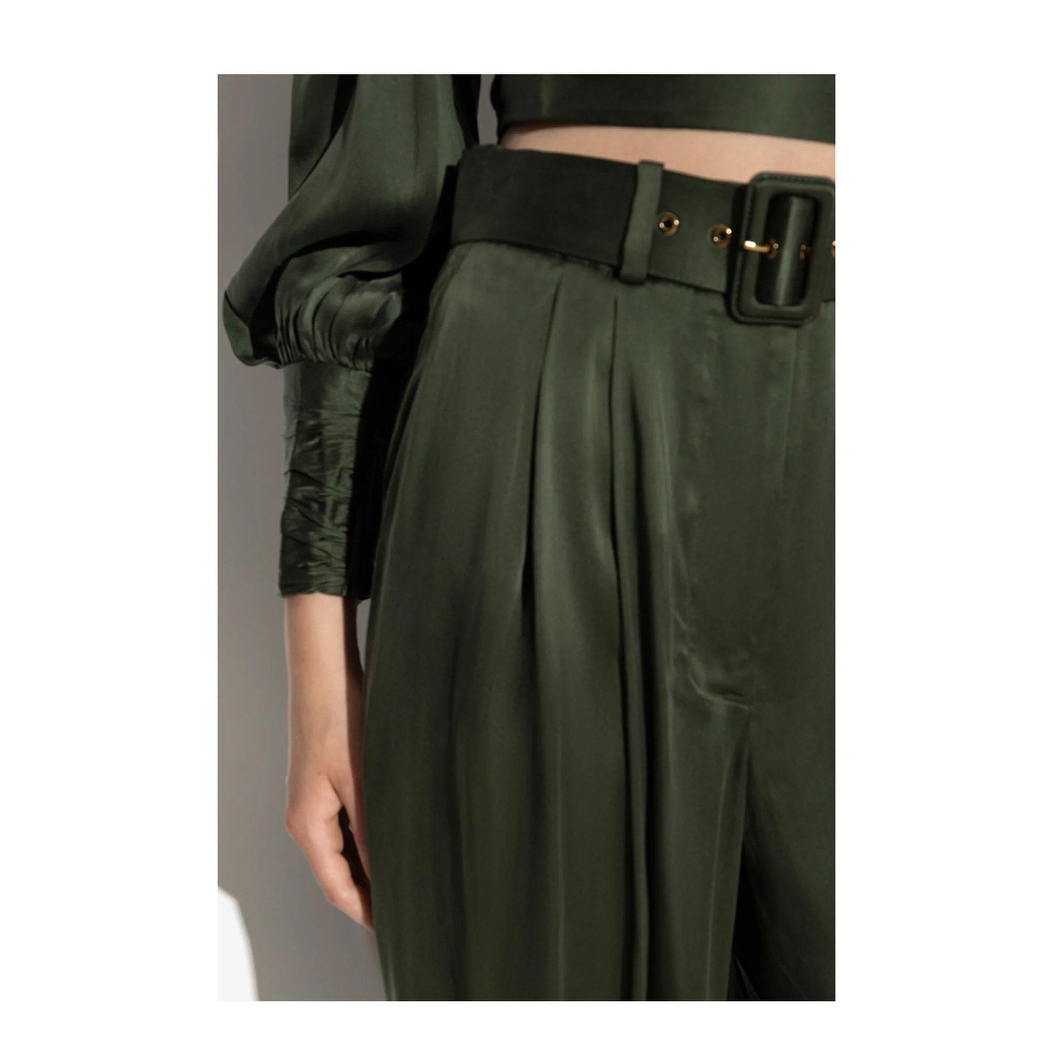 Silk Wide-Leg Trousers Green - Image 5