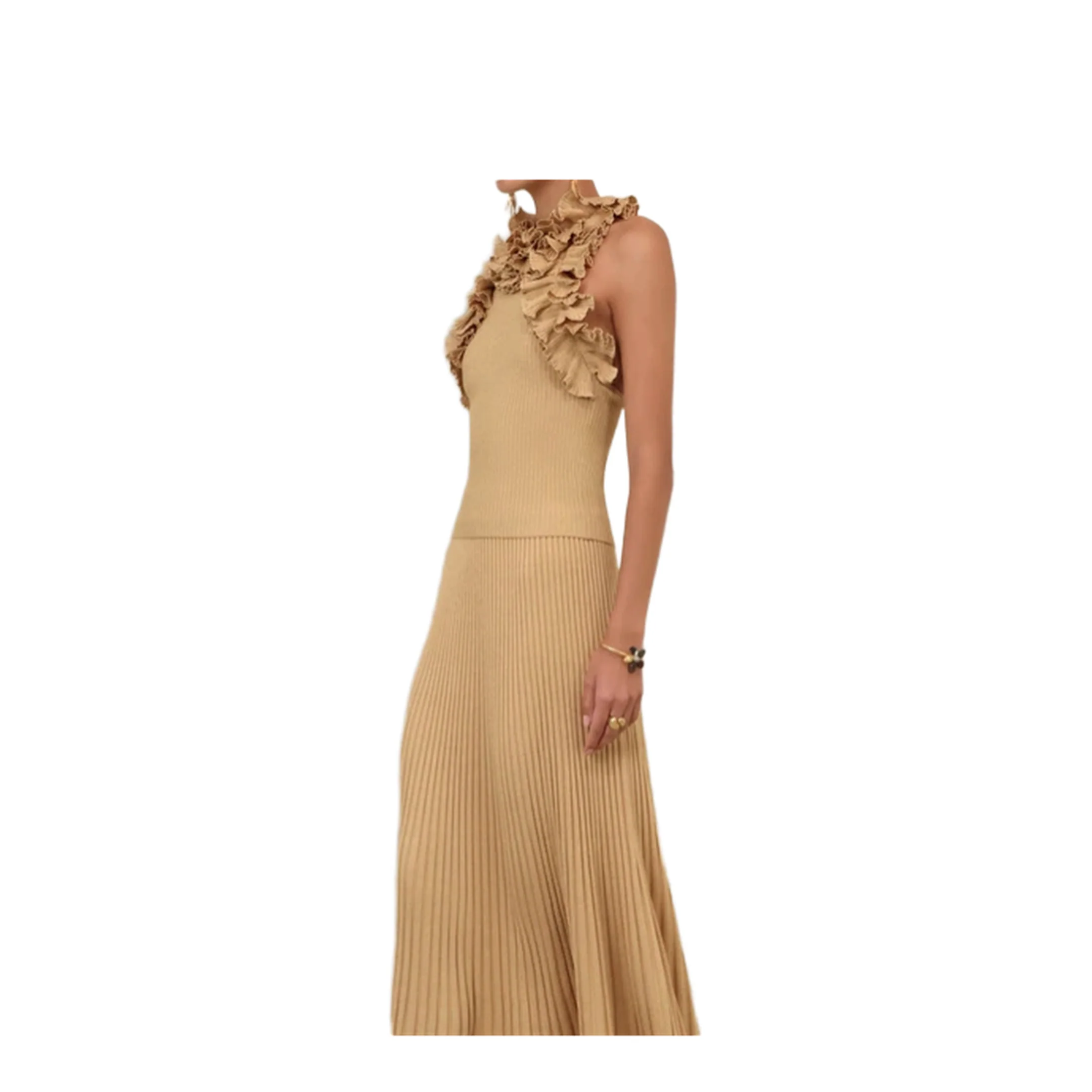 Luna Metallic Ruffle Tank Top Beige - Image 2